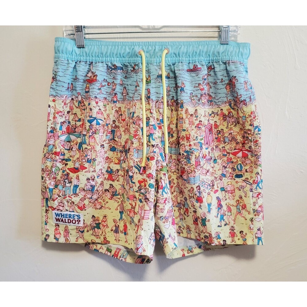 Where's Waldo Beach Swim Trunks Mens Medium Novelty Swim Shorts Beach Scene
